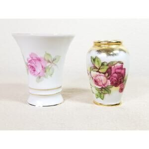 Mini Vase Fine China Schumann Germany Norcrest Japan 3 1/4" Gold Trim x2 Vtg